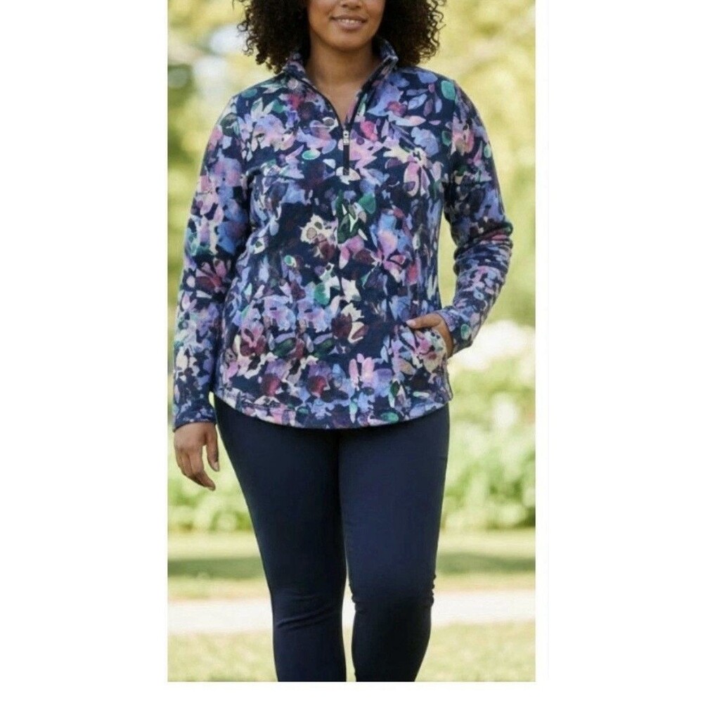 T By Talbots 1X Plus UPF 50+ French Terry 1/4 Zip Pullover Watercolor Bloom